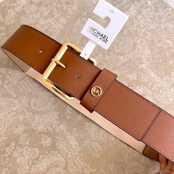 Brand New Michael Kors Genuine Leather Wide Strap Belt Elastic Stretch Cognac - Picture 1 of 15